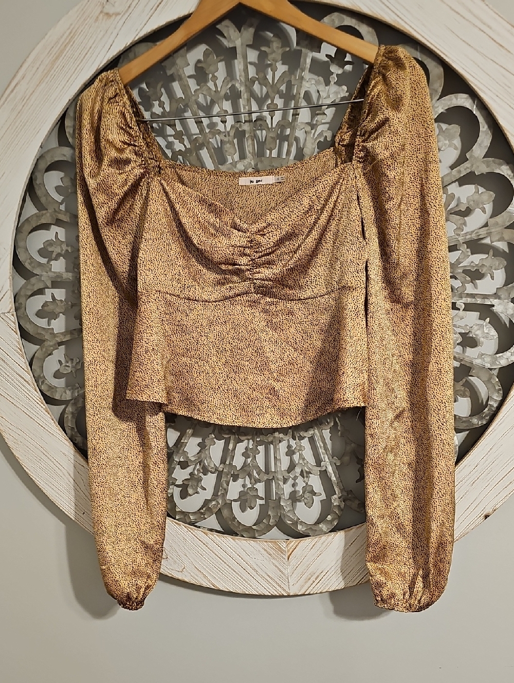 miami Gold Printed Smocked Square-Neck Long-Sleeve Blouse